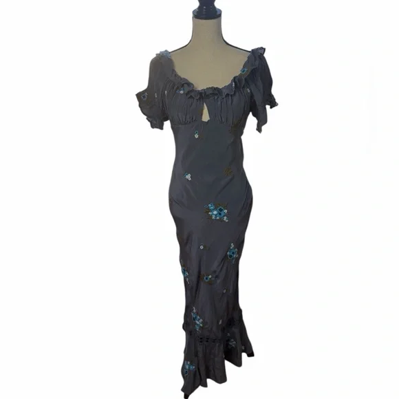 New Free People Bali Santa Cruz Ruffle Blue Floral Embroidered Maxi Dress M - Picture 5 of 16